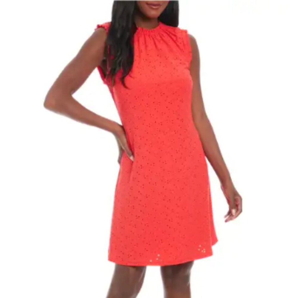 London Times Ruffel Neck Eyelet Mini Dress